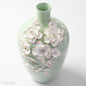 32*20cm Beautiful Small Bottleneck Handmade Ceramic Crafts Vase with Three-dimensional Flowers Pattern