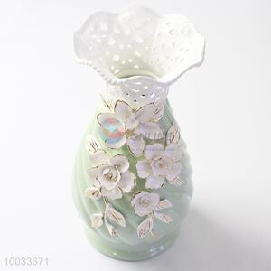 17*29cm Beautiful Hollow Bottleneck Handmade Ceramic Crafts Vase with Three-dimensional Flowers Pattern