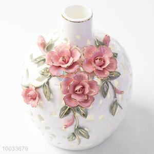 18*23cm Cute Small Bottleneck Handmade Ceramic Crafts Vase with Three-dimensional Flowers Pattern