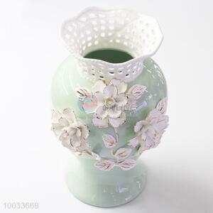 30*19cm Beautiful Hollow Bottleneck Handmade Ceramic Crafts Vase with Three-dimensional Flowers Pattern