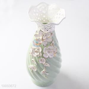 17*39cm High Quality Hollow Bottleneck Handmade Ceramic Crafts Vase with Three-dimensional Flowers Pattern