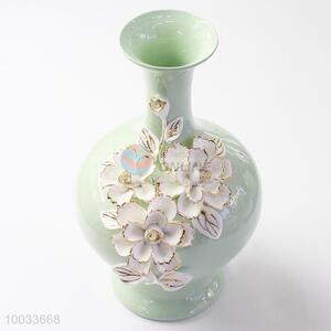30*18cm Pretty Small Bottleneck Handmade Ceramic Crafts Vase with Three-dimensional Flowers Pattern