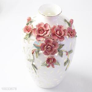 18*30cm Cute Small Bottleneck Handmade Ceramic Crafts Vase with Three-dimensional Flowers Pattern
