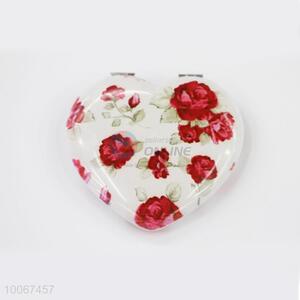 Rose Pattern Heart Shaped Foldable Pocket Mirror