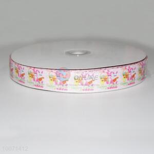 Pink rabbit pattern polyester grosgrain ribbon