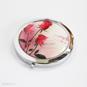 Pink Rose Round Foldable Pocket Epoxy Sticker Mirror/Makeup Mirror