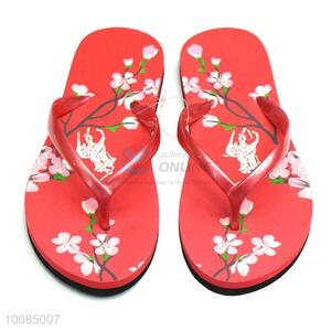 Red peach flower printed EVA lady beach flip flops