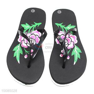 Factory direct black flower printed lady beach flip flops