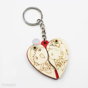 Pretty Cute Lovers Sculptured Wooden Key Chain in Heart Shape