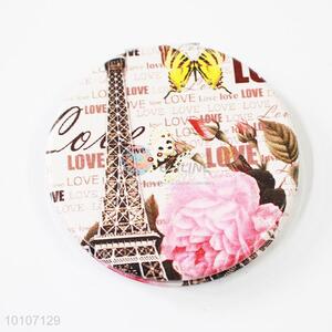 Pink Rose Pattern Metal Round Pocket Make-up Mirror