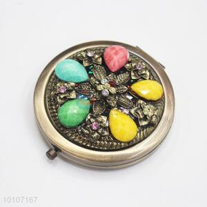 Bronze Vintage Colorful Rhinestone Pocket Cosmetic Mirror