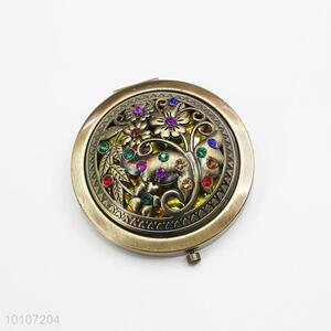 Bronze Butterfly Pattern Round Metal Pocket Makeup Mirror