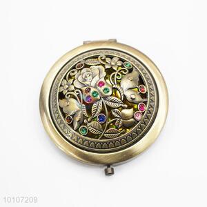 Bronze Rose Pattern Round Metal Pocket Makeup Mirror