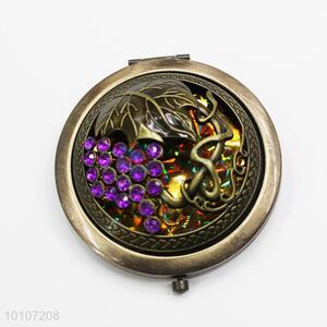 Bronze Grape Pattern Round Metal Pocket Makeup Mirror