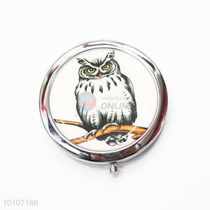 White Owl Pattern Round Shape Metal Pocket Makeup Mirror