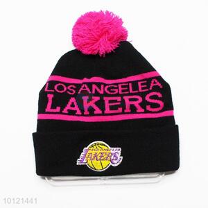 Rose Red Lakers Pattern Winter Hat Knitted Hat with Ball Top