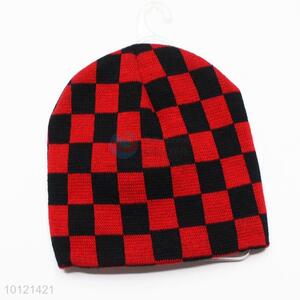 Mens Gift Black and Red Plaid Pattern Knitted Hat Winter Hat