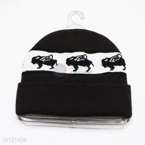 Black Cartoon Animal Pattern Beanie Hats, Knitted Hats
