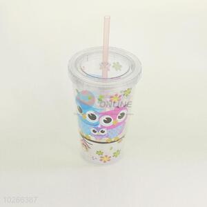 Plastic Cup with Straw High Temperature Cup Water Plastic Transparent Portable Owl Family Drinking Bottle