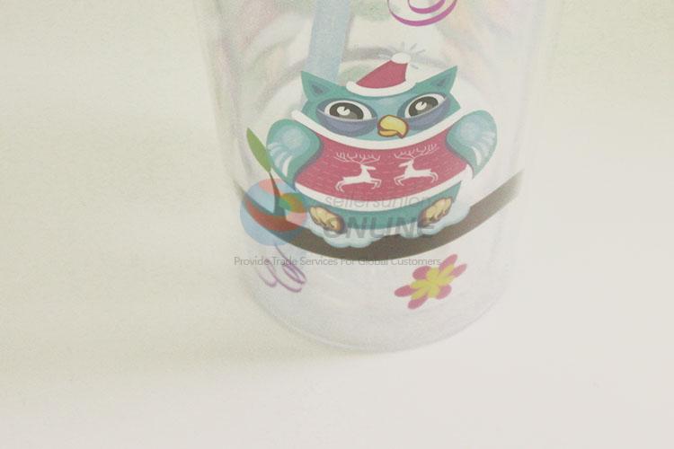 Nice Design Plastic Transparent Color Cartoon Owl Printed Cup with Blue Straw Creative Tea Cup Potable Cup