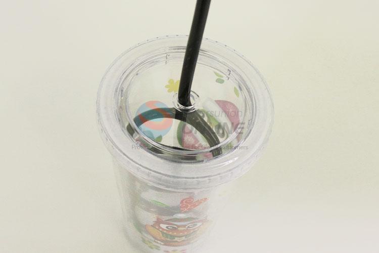 Wholesale Plastic Transparent Color Cartoon Owl Printed Cup with Black Straw Creative Tea Cup Potable Cup