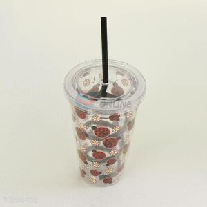 Cute Cartoon Coccinella Septempunctata Pattern Water Cup Tea Cup Plastic Cup with Black Straw