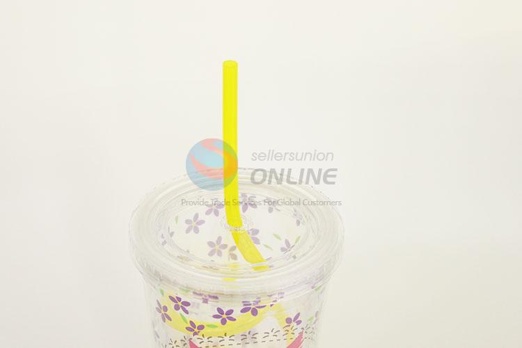 Cartoon Owl Printed Plastic Creative Fruit Juice for Summer Water Bottles Ice Plastic Cup with Yellow Straw