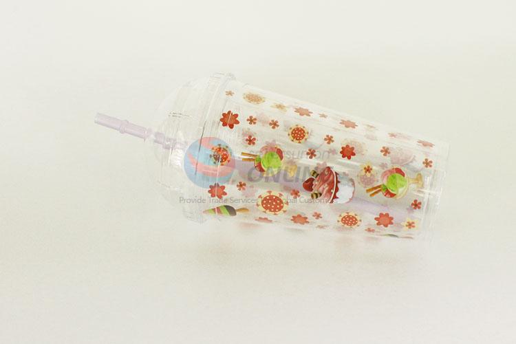 Flower Pattern Plastic Creative Fruit Juice for Summer Water Bottles Ice Plastic Cup with Straw