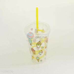 Imple Ice Cream Printed Plastic Creative Fruit Juice for Summer Water Bottles Ice Plastic Cup with Yellow Straw