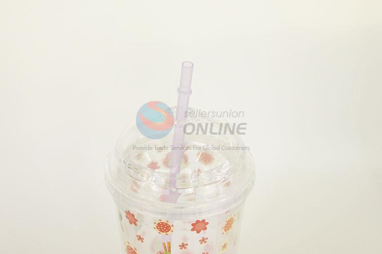 Flower Pattern Plastic Creative Fruit Juice for Summer Water Bottles Ice Plastic Cup with Straw