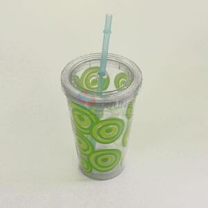 Green Color Bubbles Pattern Water Cup Tea Cup Plastic Cup with Blue Straw