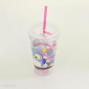 Top Selling Cartoon Owl Printed Plastic Creative Fruit Juice for Summer Water Bottles Ice Plastic Cup with Straw