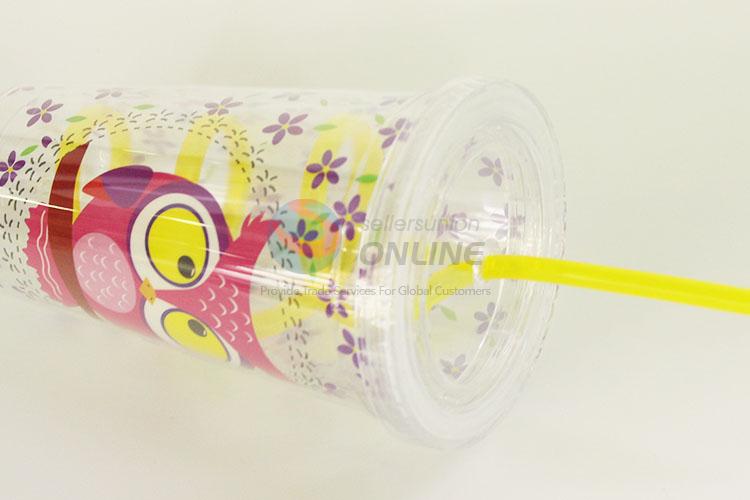 Cartoon Owl Printed Plastic Creative Fruit Juice for Summer Water Bottles Ice Plastic Cup with Yellow Straw