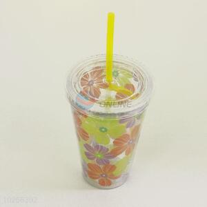 Popular Style Water Bottle Creative Plastic Flower Pattern Cup with Straw Summer Wall Water Cup