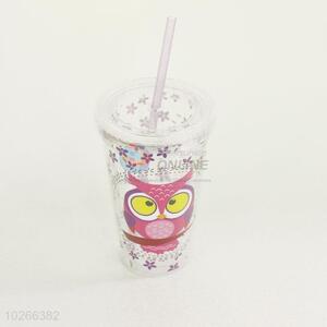 New Arrival Cartoon Owl Printed Plastic Creative Fruit Juice for Summer Water Bottles Ice Plastic Cup with Straw