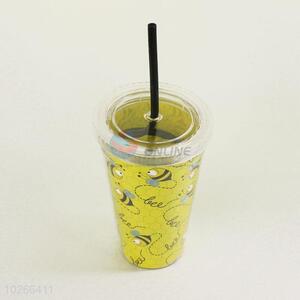 Cheap Price Plastic Yellow Color Cartoon Bee Cup with Black Straw Creative Tea Cup Potable Cup