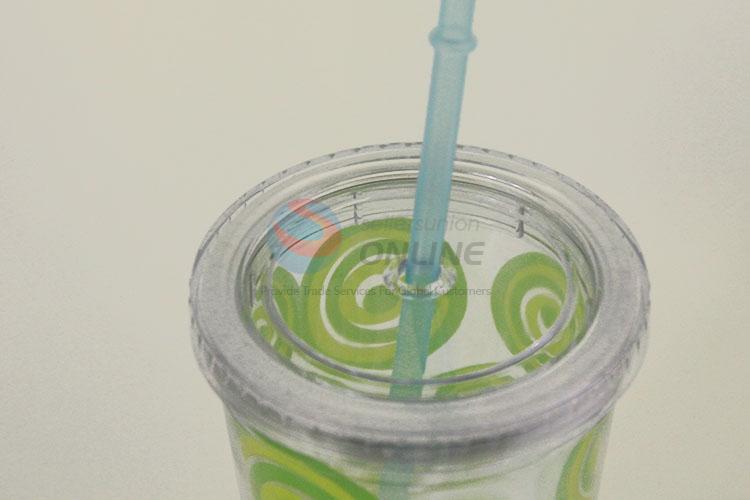 Green Color Bubbles Pattern Water Cup Tea Cup Plastic Cup with Blue Straw