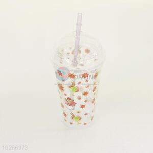 Flower Pattern Plastic Creative Fruit Juice for Summer Water Bottles Ice Plastic Cup with Straw