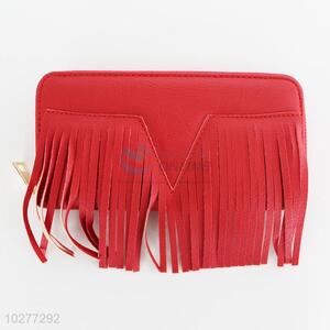 Red Color PU Leather Women Long Wallet with Tessel