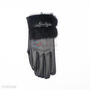 Fashion Women Driving PU Leather Gloves Bowknot Glove with Rabbit Fur