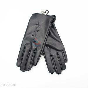 Classic Women Black PU Leather Winter Warm Flower Gloves
