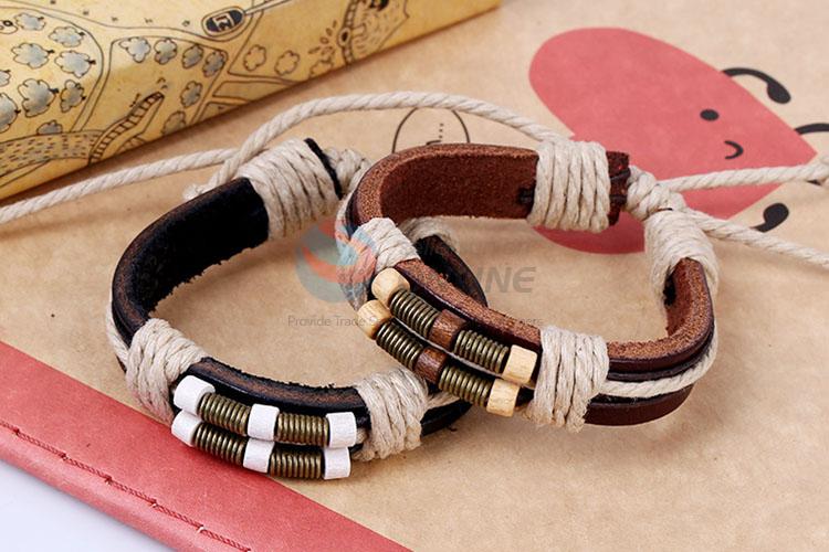 Popular Bronzer Springs Wooden Bead Leather Bracelet