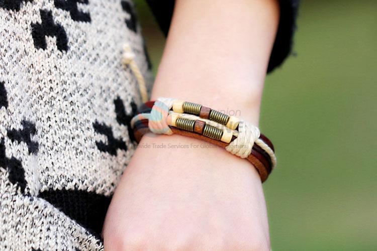 Popular Bronzer Springs Wooden Bead Leather Bracelet