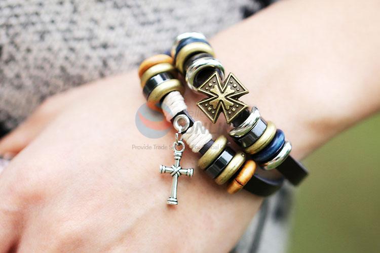 Fashion Cross Beaded Bracelet Handmade Leather Bracelet