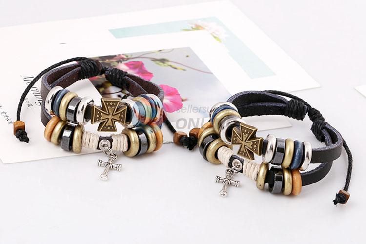 Fashion Cross Beaded Bracelet Handmade Leather Bracelet