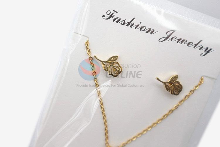 Fashion design wholesale women stainless steel rose necklace&earrings set