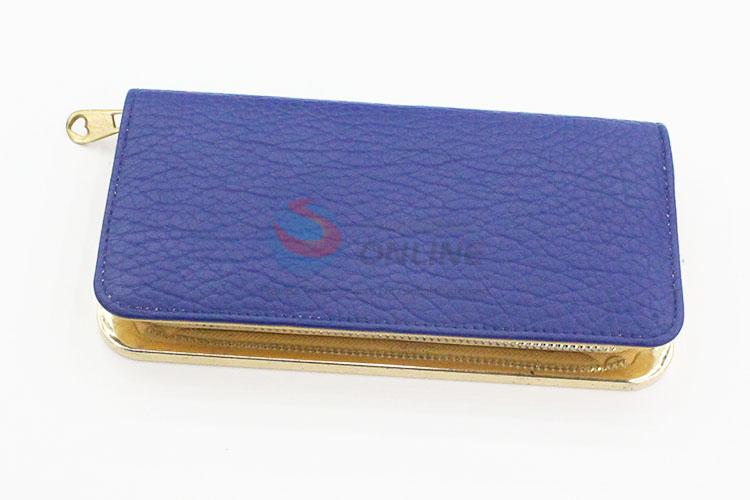 Fashion Women Zipper Design Semi Pu Leather Blue Long Wallet Purse