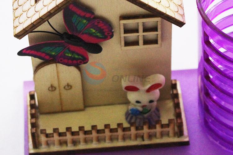 Factory Direct Supply Wooden House Model Craft with Purple Color Pen Container