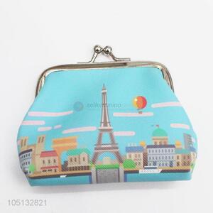 Blue Color Eiffel Tower Printing Mini Pocket PU Leather Coin Purse