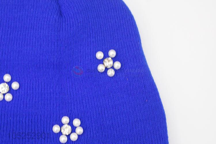 Cheap wholesale blue delicate women knitted cap with pearls